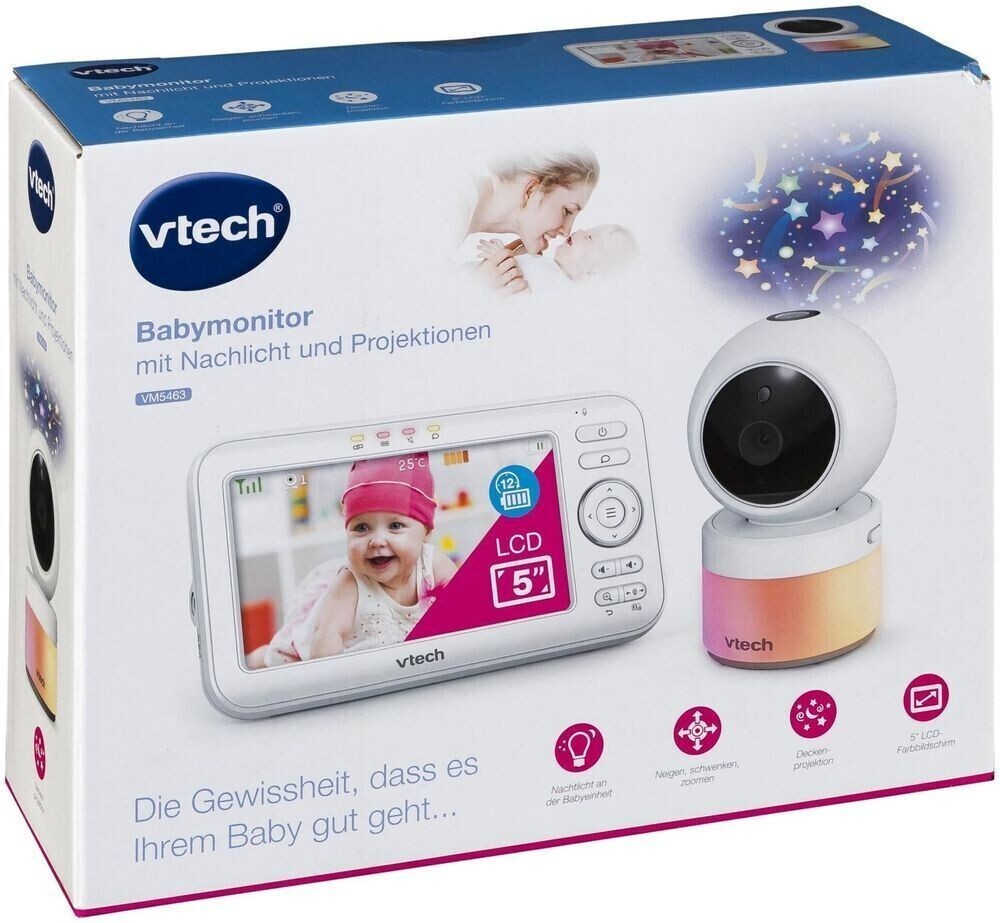 VTech VM5463 Babyphone – 5 Zoll Display, Kamera, Schlaflied-Funktion, Temperatur