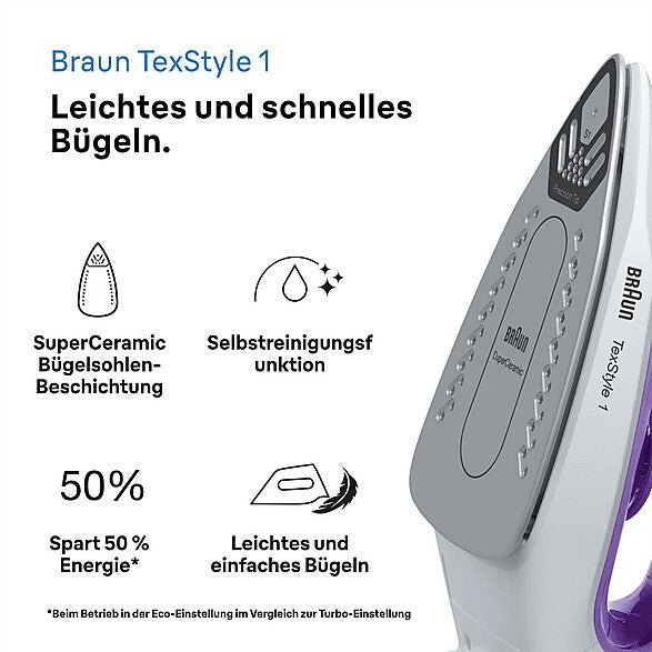 Braun TexStyle 1 SI 1080 VI Dampfbügeleisen Violett/Weiß 2000 Watt SuperCeramic