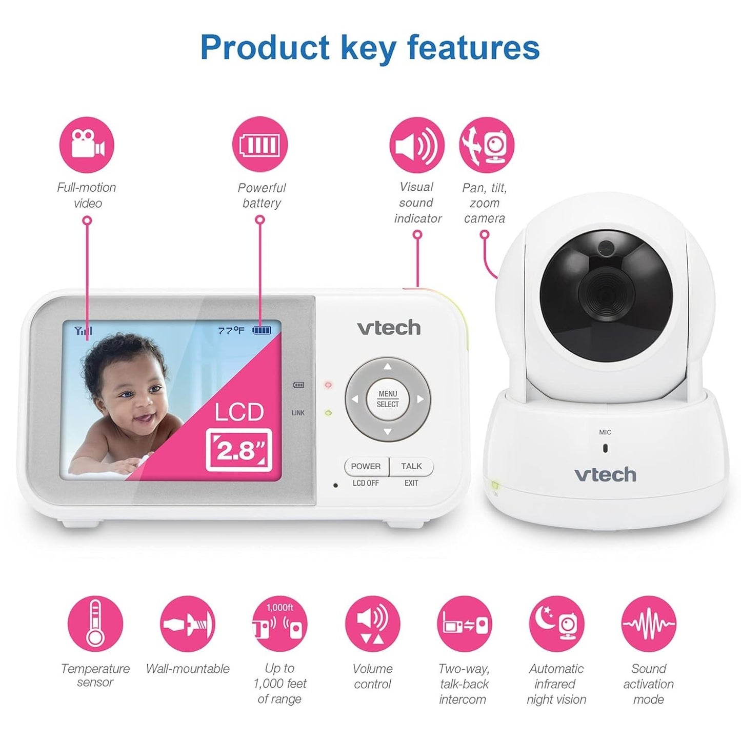 VTech VM923 Babyphone – 2,8″ LCD, Kamera schwenkbar, Nachtsicht, Gegensprechfunk
