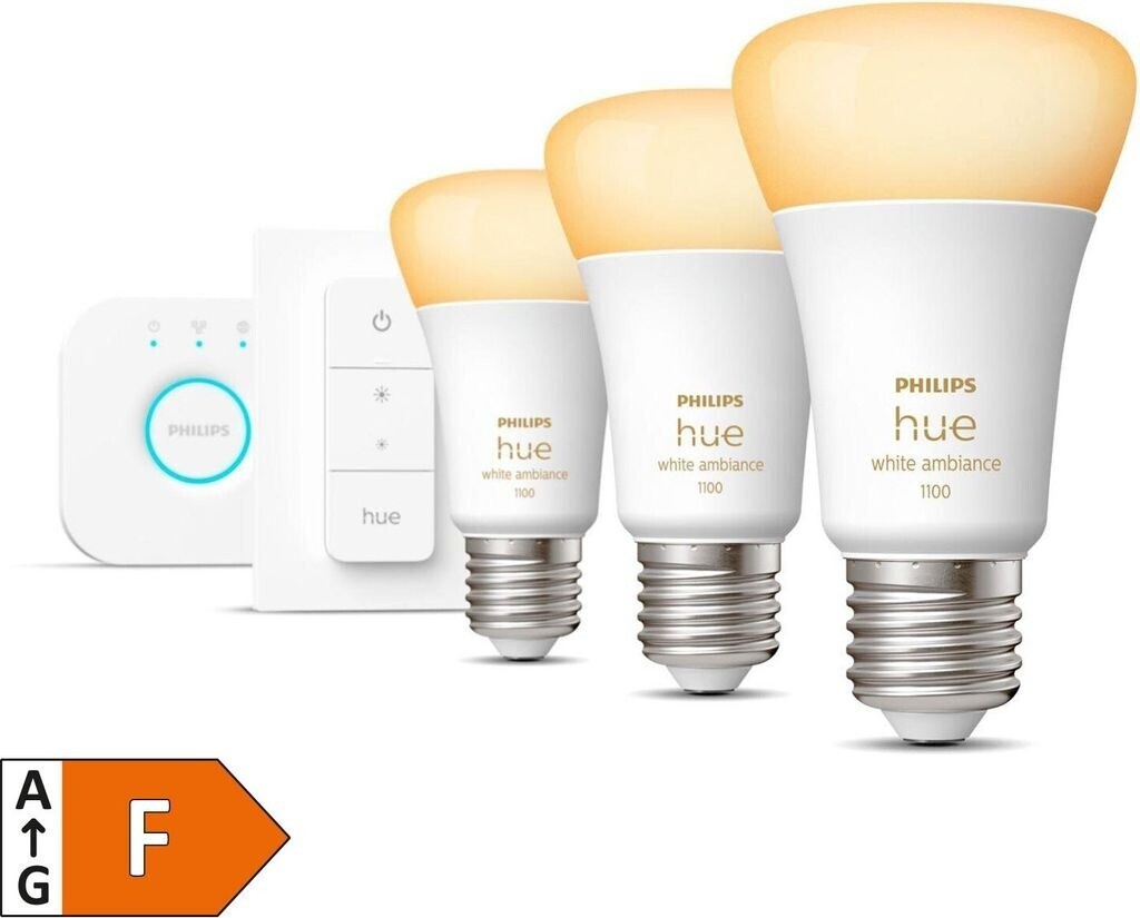 Philips Hue White Ambiance Starter Set E27 – 3 Lampen 1100 lm, Bridge + Dimmer