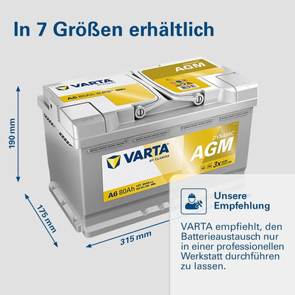 Varta Dynamic AGM 80Ah A6 800A 12V Autobatterie (580901080) Start-Stop geeignet