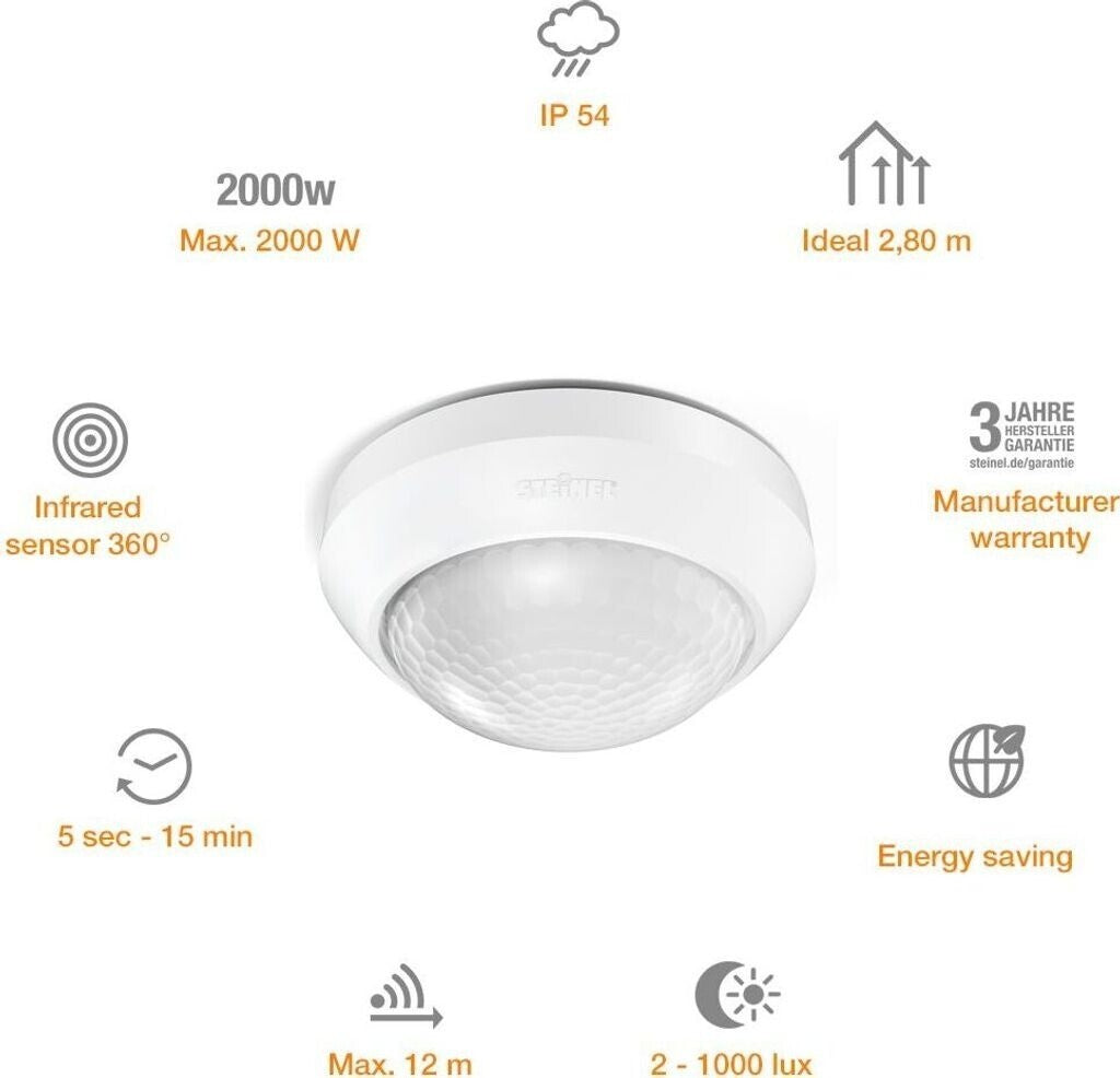 Steinel Bewegungsmelder IS 360-3 weiß, 2000 W Schaltlast, 360° PIR Sensor, 12 m