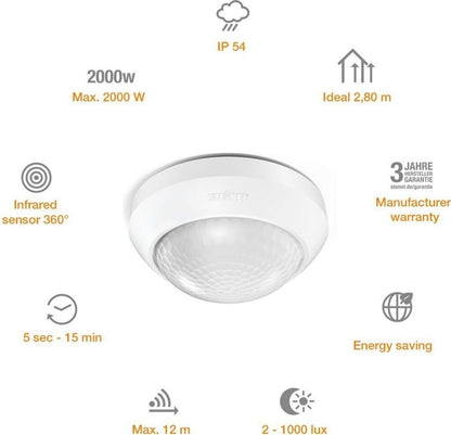 Steinel Bewegungsmelder IS 360-3 weiß, 2000 W Schaltlast, 360° PIR Sensor, 12 m