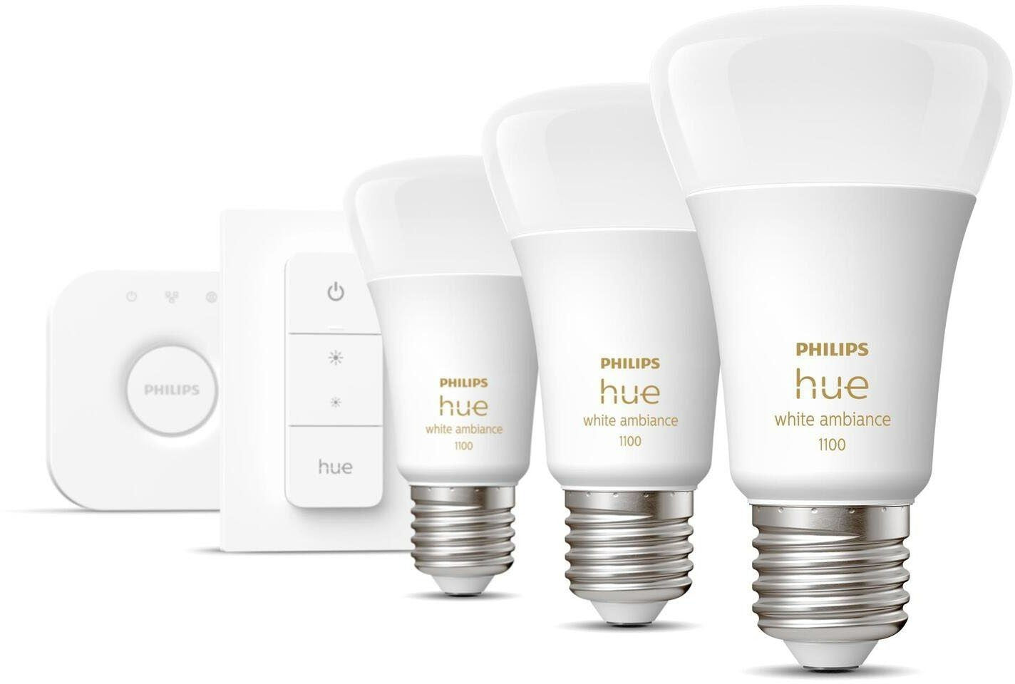 Philips Hue White Ambiance Starter Set E27 – 3 Lampen 1100 lm, Bridge + Dimmer