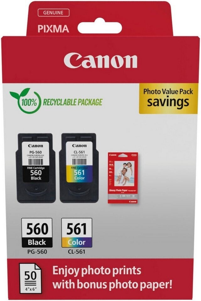 Canon PG-560 CL-561 Druckerpatronen Original  Set + 50 Blatt Photo Value Pack