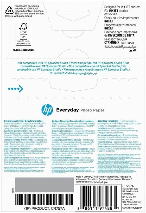 HP Everyday Photo Paper CR757A Fotopapier 10 x 15 cm 200 g/m² 100 Blatt Glänzend