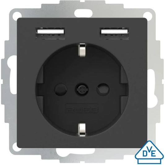 Steckdose Anthrazit Schutzkontakt mit 2x USB-A Unterputz Ladeadapter