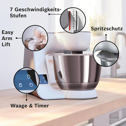 Bosch MUM5XW34 Küchenmaschine Serie4 1000W 3,9l Edelstahlschüssel Weiß/Champagne