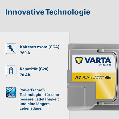 Varta Dynamic AGM 70Ah A7 760A 12V Autobatterie (570901076) Start-Stop geeignet