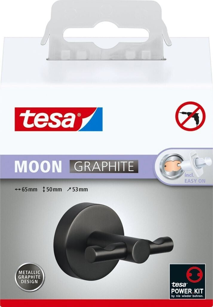 tesa MOON Bademantelhaken selbstklebender Wandhaken - 50 x 65 x 53 mm, Graphite