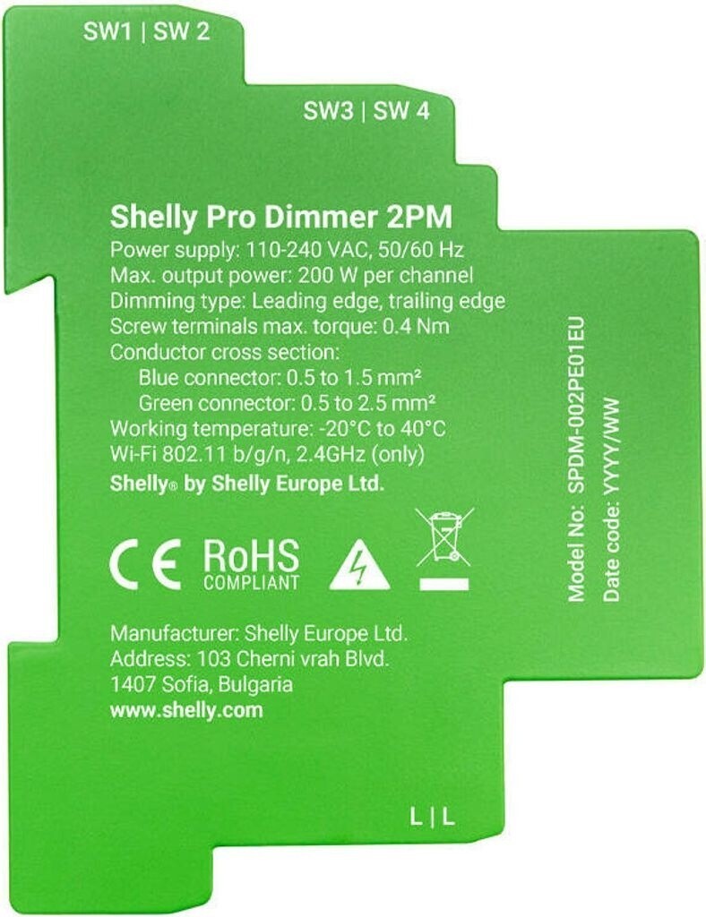 Shelly Pro Dimmer 2PM grün 2-Kanal Smart Dimmer DIN-Schiene LAN WLAN