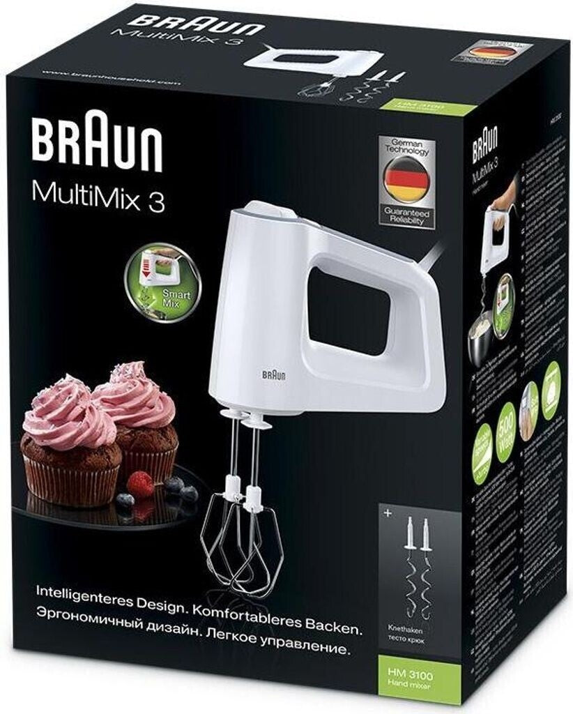 Braun MultiMix 3 HM 3100 Handmixer 500W 5 Stufen Turbo Knethaken Rührbesen Weiß