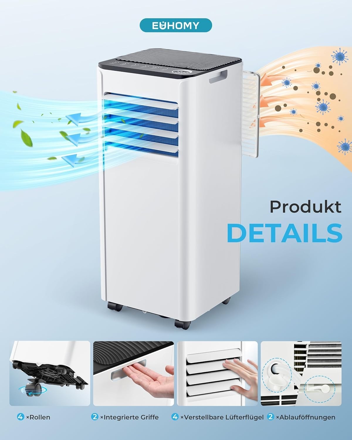 Mobile Klimaanlage 9000 BTU mit Abluftschlauch 4-in-1 Mobiles Klimagerät Neu
