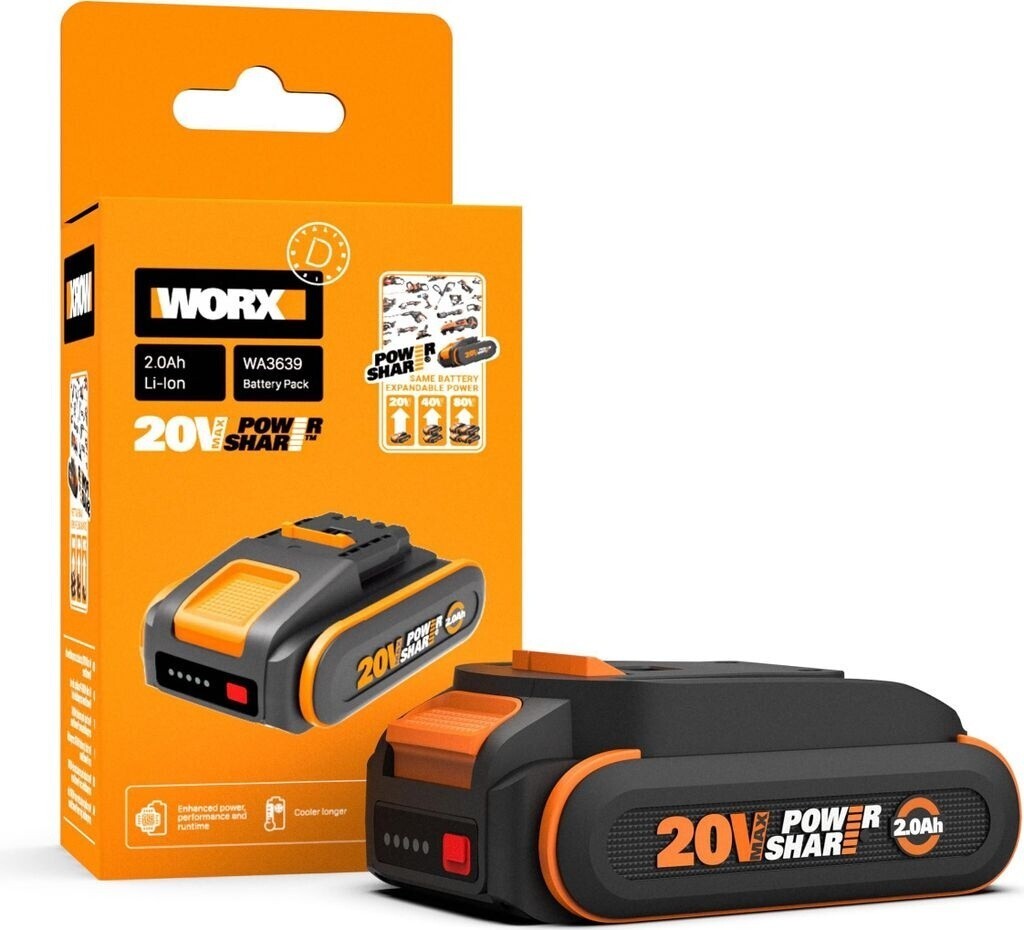 Worx WA3639 PowerShare Akku 20V 2Ah Ersatzbatterie kompatibel mit 20V Geräten