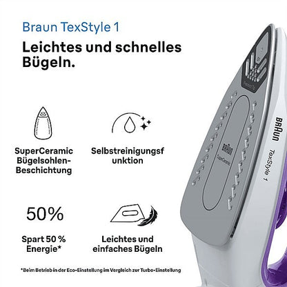 Braun TexStyle 1 SI 1080 VI Dampfbügeleisen Violett/Weiß 2000 Watt SuperCeramic