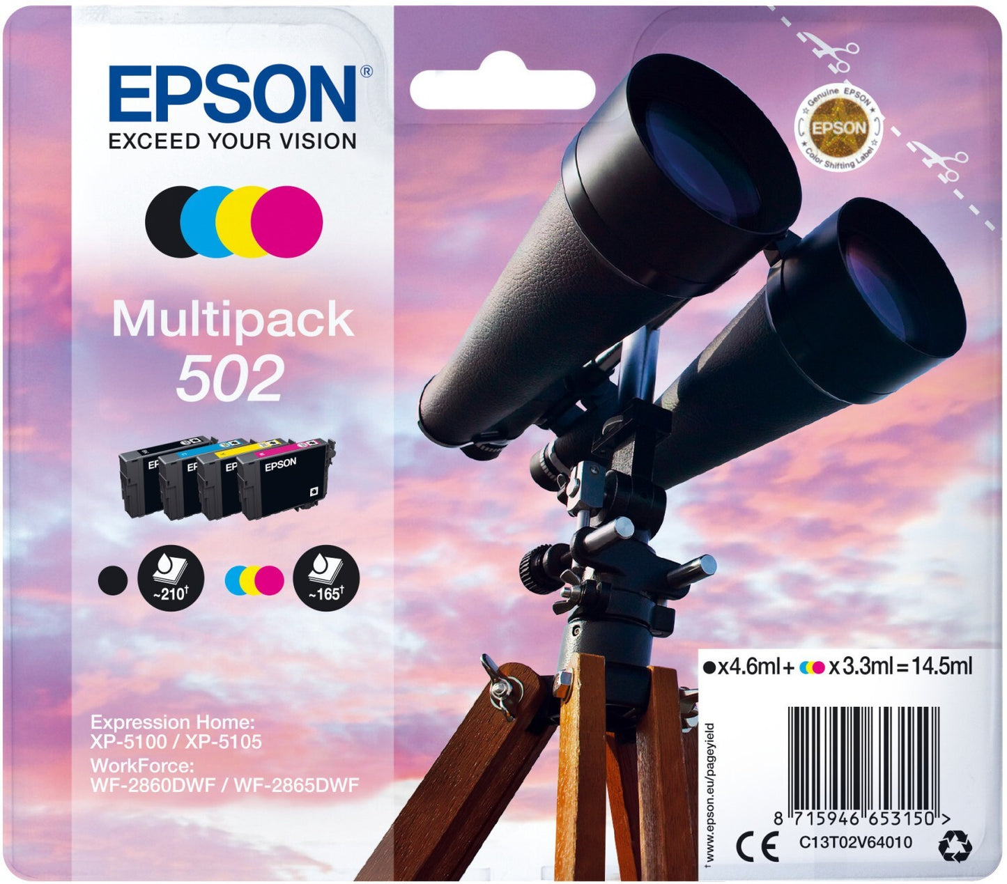 Epson 502 Multipack Tintenpatrone - Schwarz, Gelb, Cyan, Magenta (C13T02V64020)