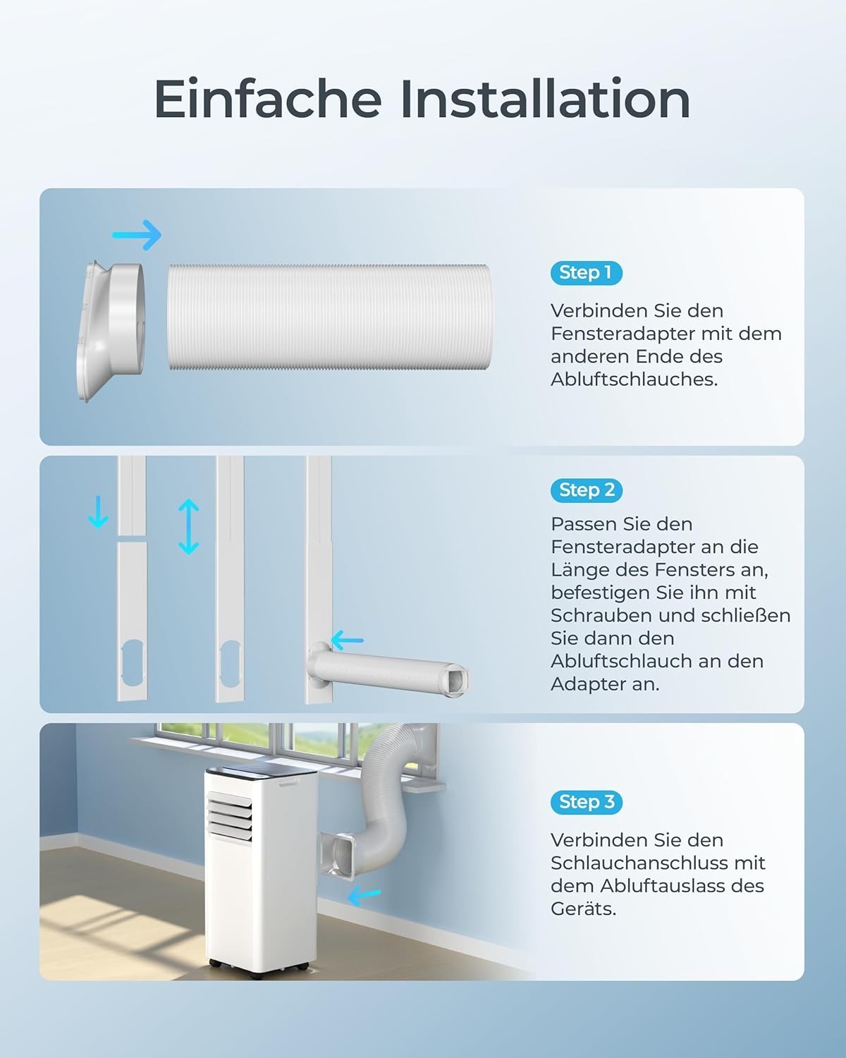 Mobile Klimaanlage 9000 BTU mit Abluftschlauch 4-in-1 Mobiles Klimagerät Neu