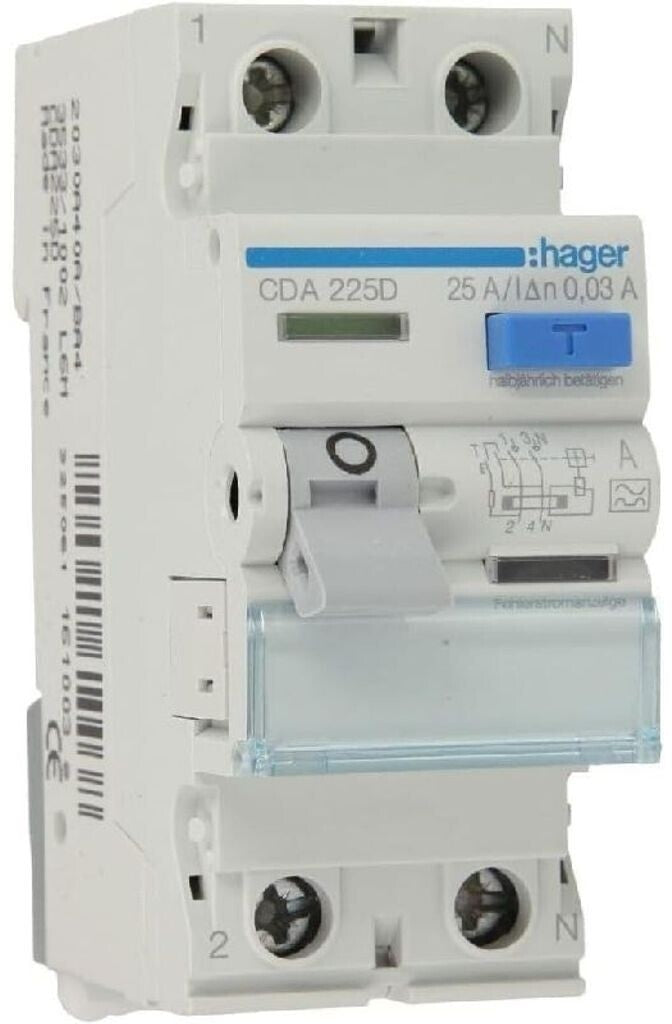 Hager FI Schalter 25A 30mA Typ A 2P 6kA für DIN-Schiene CDA225D