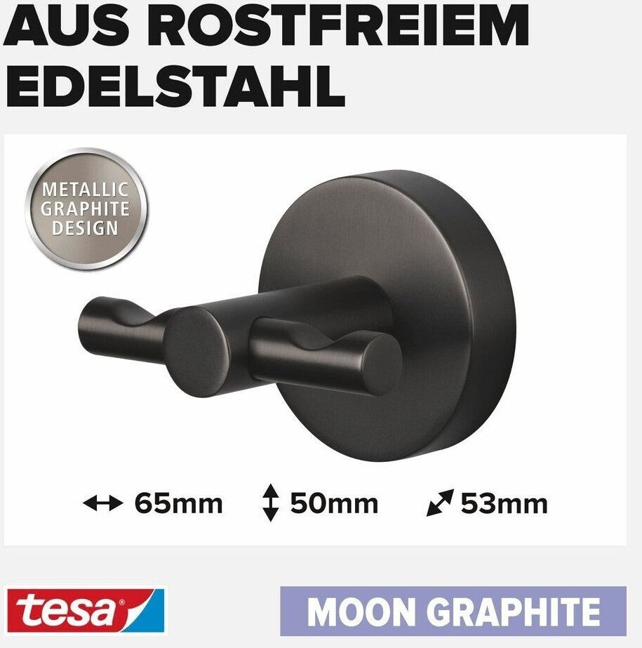 tesa MOON Bademantelhaken selbstklebender Wandhaken - 50 x 65 x 53 mm, Graphite