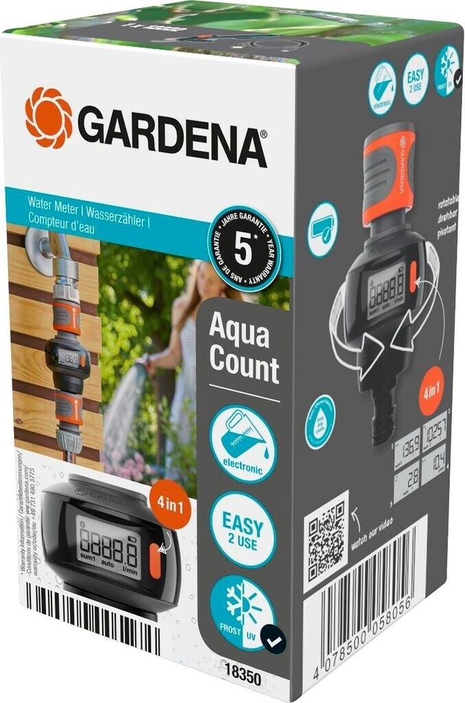 Gardena AquaCount 18350-20 Wassermessgerät Durchflusszähler 4 in 1 Wasserzähler