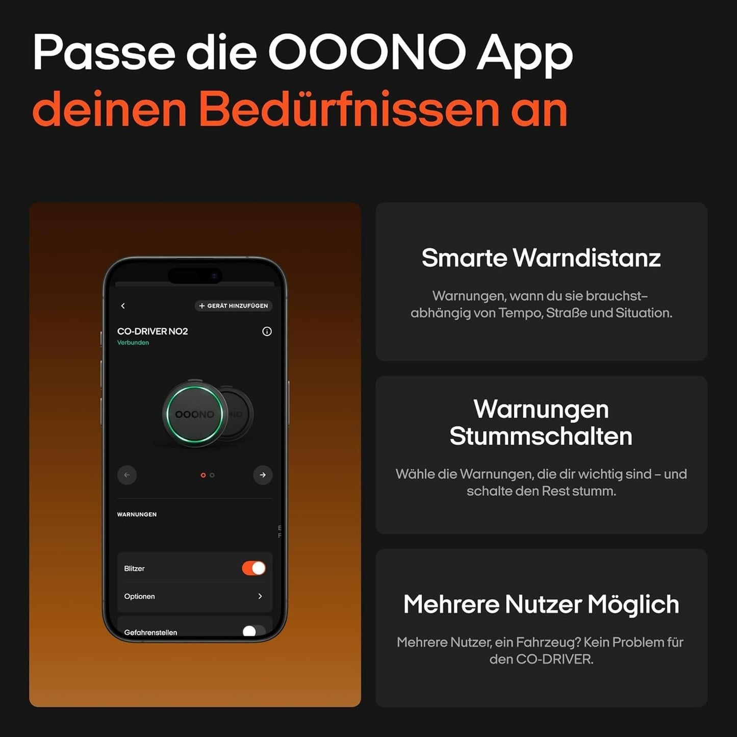 OOONO CO-DRIVER NO2 Verkehrswarner Bluetooth App CarPlay/Android Blitzerwarnung