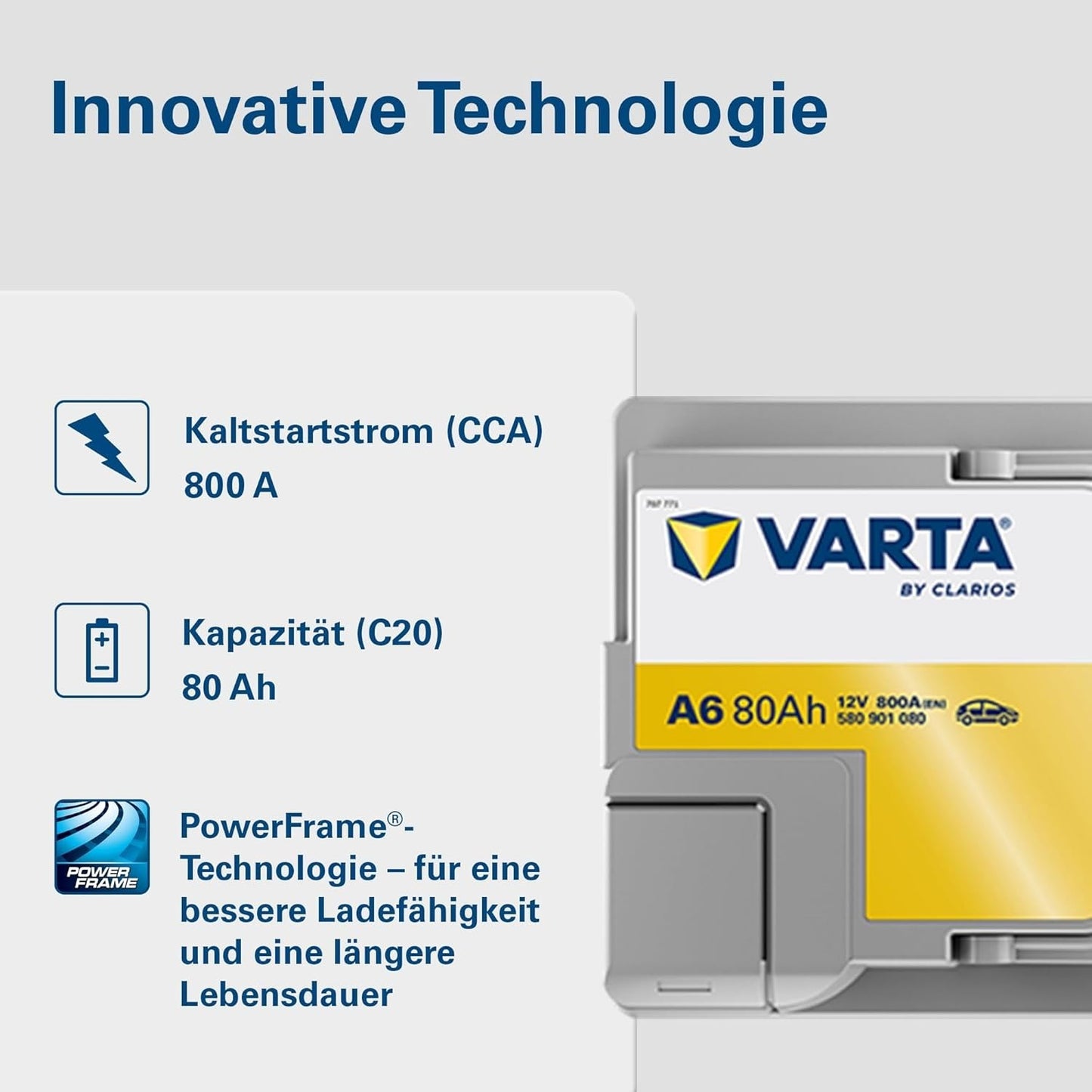 Varta Dynamic AGM 80Ah A6 800A 12V Autobatterie (580901080) Start-Stop geeignet