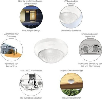 Steinel Bewegungsmelder IS 360-3 weiß, 2000 W Schaltlast, 360° PIR Sensor, 12 m