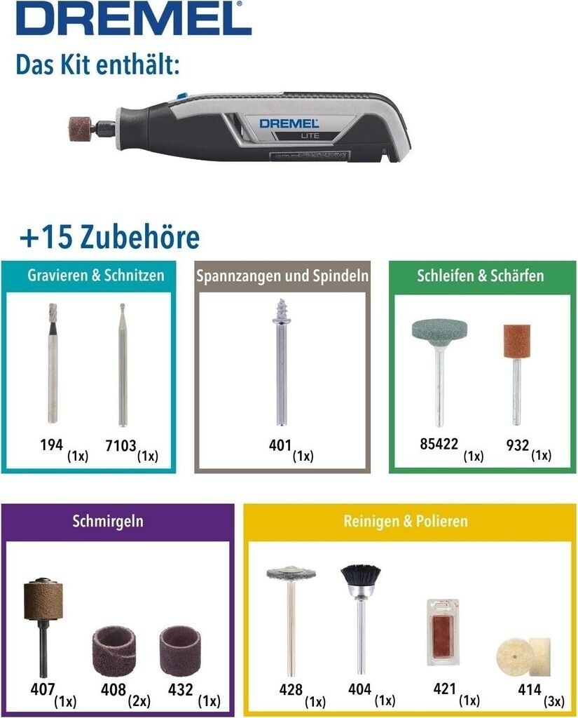 Dremel Lite 7760-15 tragbar 3,6V Set mit 15 Zubehör polieren schleifen gravieren