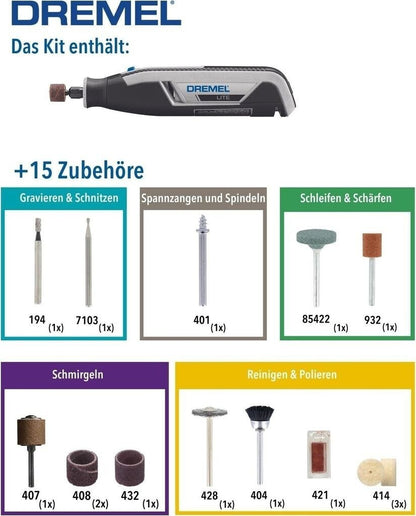 Dremel Lite 7760-15 tragbar 3,6V Set mit 15 Zubehör polieren schleifen gravieren