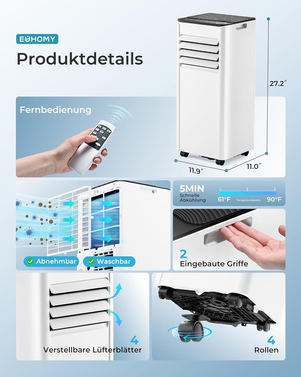 Mobile Klimaanlage 9000 BTU mit Abluftschlauch 4-in-1 Mobiles Klimagerät Neu
