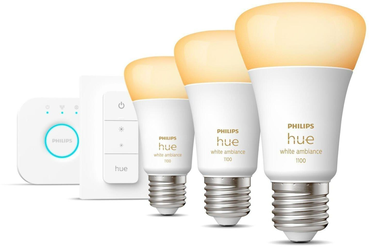 Philips Hue White Ambiance Starter Set E27 – 3 Lampen 1100 lm, Bridge + Dimmer