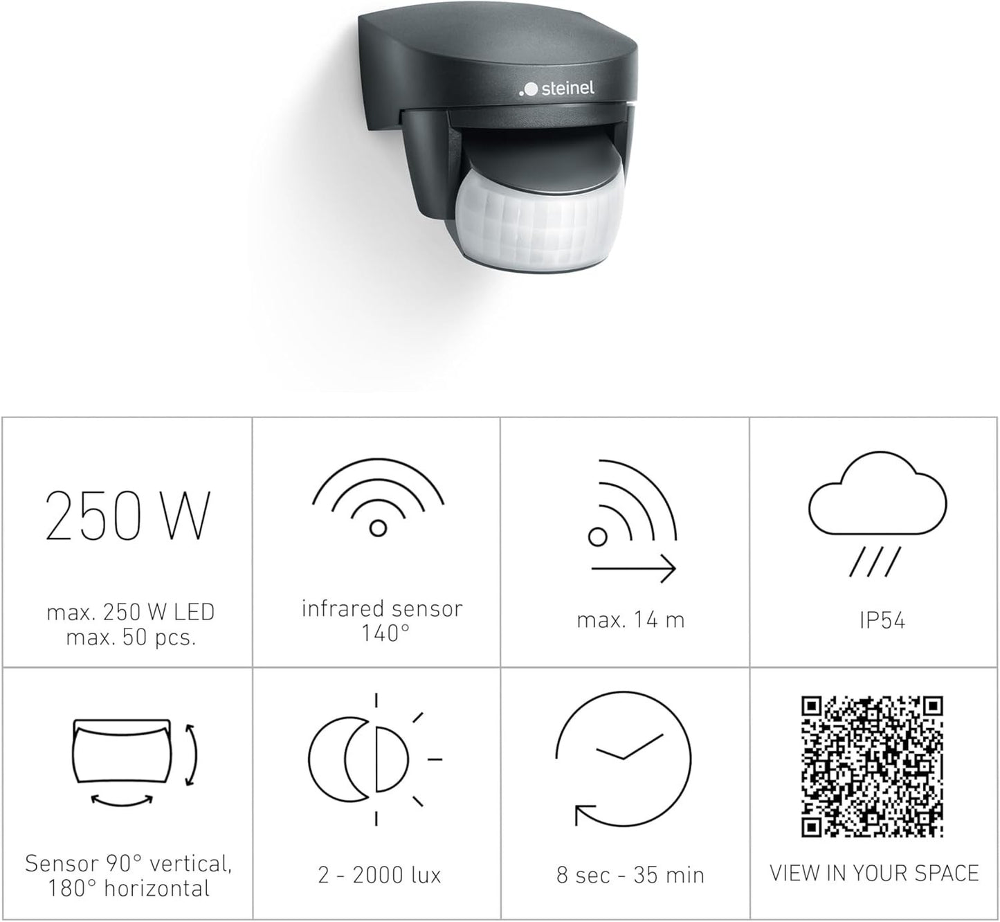 Steinel Bewegungsmelder IS 140-2 schwarz, 140° Bewegungsensor, 14 m
