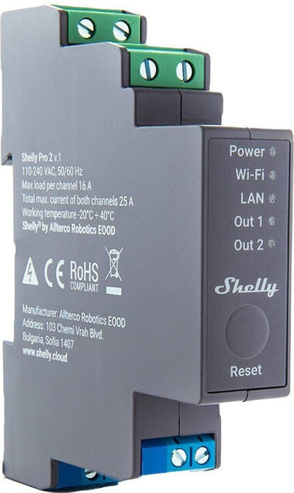 Shelly Pro 2 DIN-Schienen Schaltmodul 2 Kanal 16A WLAN LAN Bluetooth