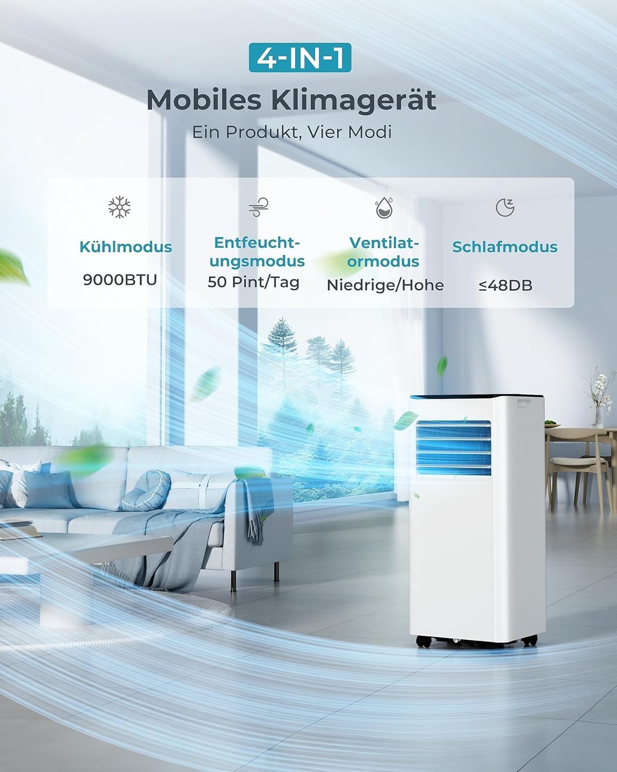 Mobile Klimaanlage 9000 BTU mit Abluftschlauch 4-in-1 Mobiles Klimagerät Neu