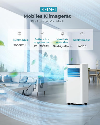 Mobile Klimaanlage 9000 BTU mit Abluftschlauch 4-in-1 Mobiles Klimagerät Neu