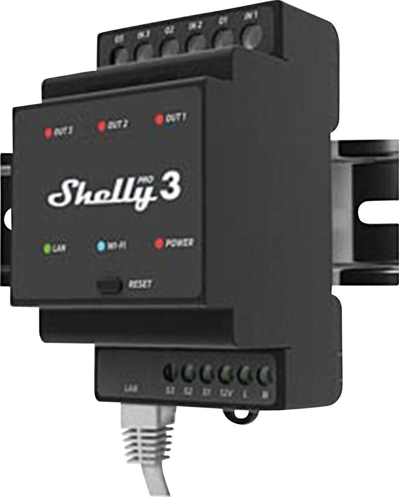 Shelly Pro 3 3-Kanal DIN-Schienen-Schaltmodul - Schwarz, 96x53x59mm