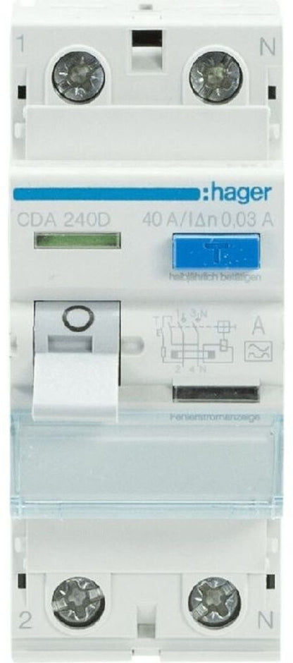 Hager Fehlerstromschutzschalter 2P 40A 0,03A Typ A 6kA CDA240D