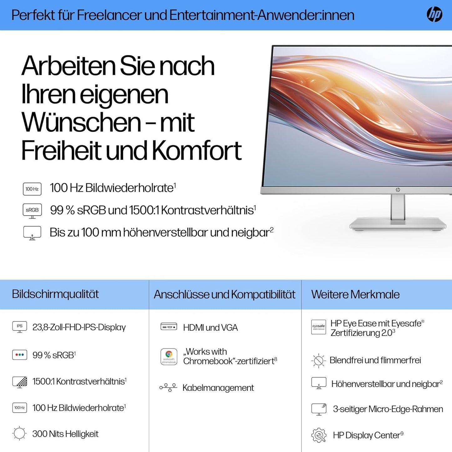 HP 524SH 23,8" Zoll FHD Monitor 100Hz 1920x1080 Pixel (16:9) Höhen- & Neigungsve